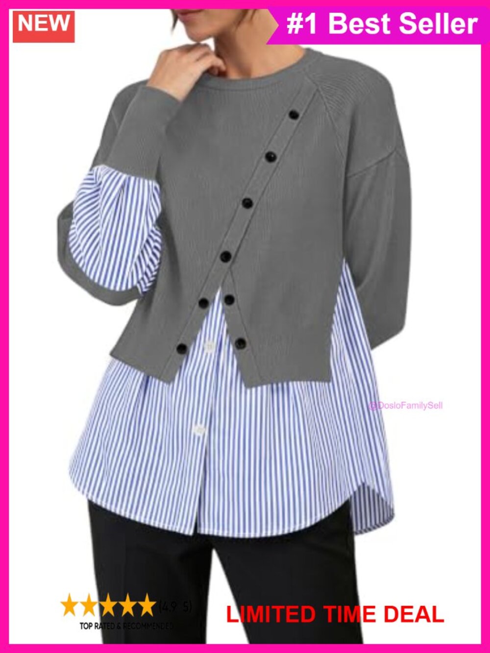 Crew Neck Patchwork Sweater Long Sleeve Knit Pullover Top